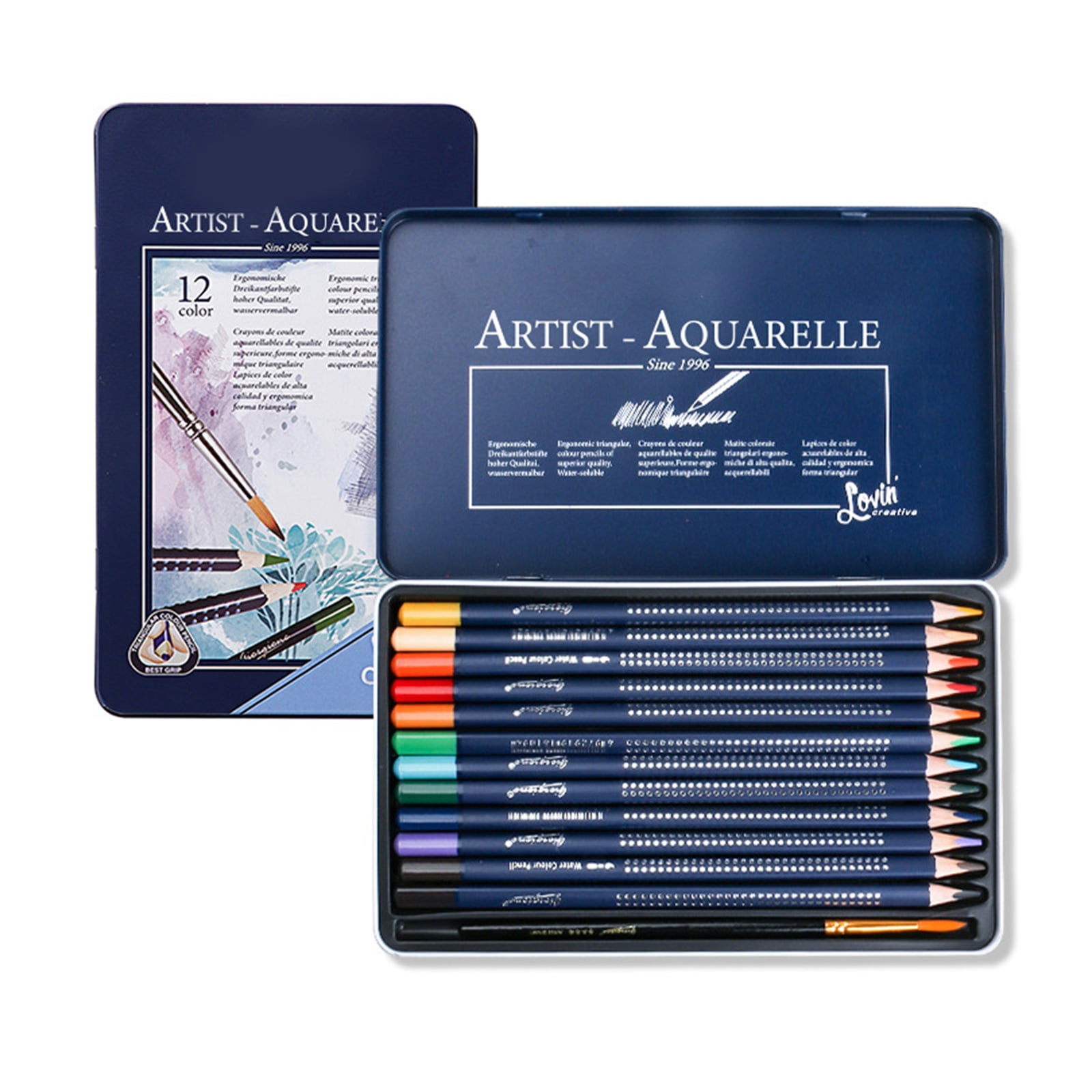 Watercolor Colouring Pencils Set with Metal Case For Kid Adults Artist Sketching Pre Sharpened Colored Pencil With Brush