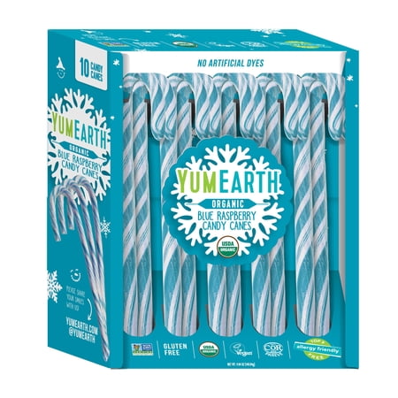 YumEarth Organic Candy Cane, Blue Raspberry, Gluten Free, Shelf-Stable, 10 Count Box