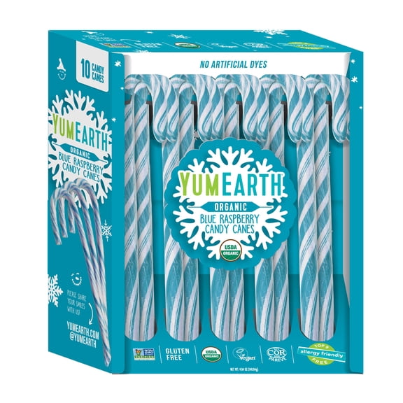 YumEarth Organic Candy Cane, Blue Raspberry, Gluten Free, Shelf-Stable, 10 Count Box