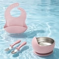 thumbnail image 6 of Guodhu Stainless Steel Plate with Suction Base Feeding Set Silicone Bowl Bib Fork Spoon Non Slip Utensils Pink(Pink), 6 of 6