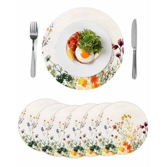 Beige Floral Spring Round 13 Inch Placemats Set of 6, Vintage Farmhouse Flowers HeatResistant Non Slip Place Mats for Dining Table, Wipeable Braided Kitchen Table Mats for Housewarming