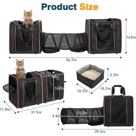 Expandable Double   for 2 Large Cats with 2 Portable Litter Boxes, 3-in-1 Ventilated Pet Travel  for Cats Small Dogs