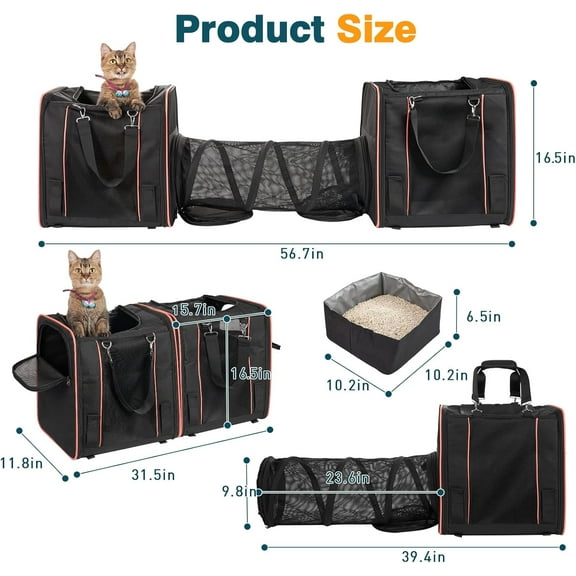 Expandable Double   for 2 Large Cats with 2 Portable Litter Boxes, 3-in-1 Ventilated Pet Travel  for Cats Small Dogs