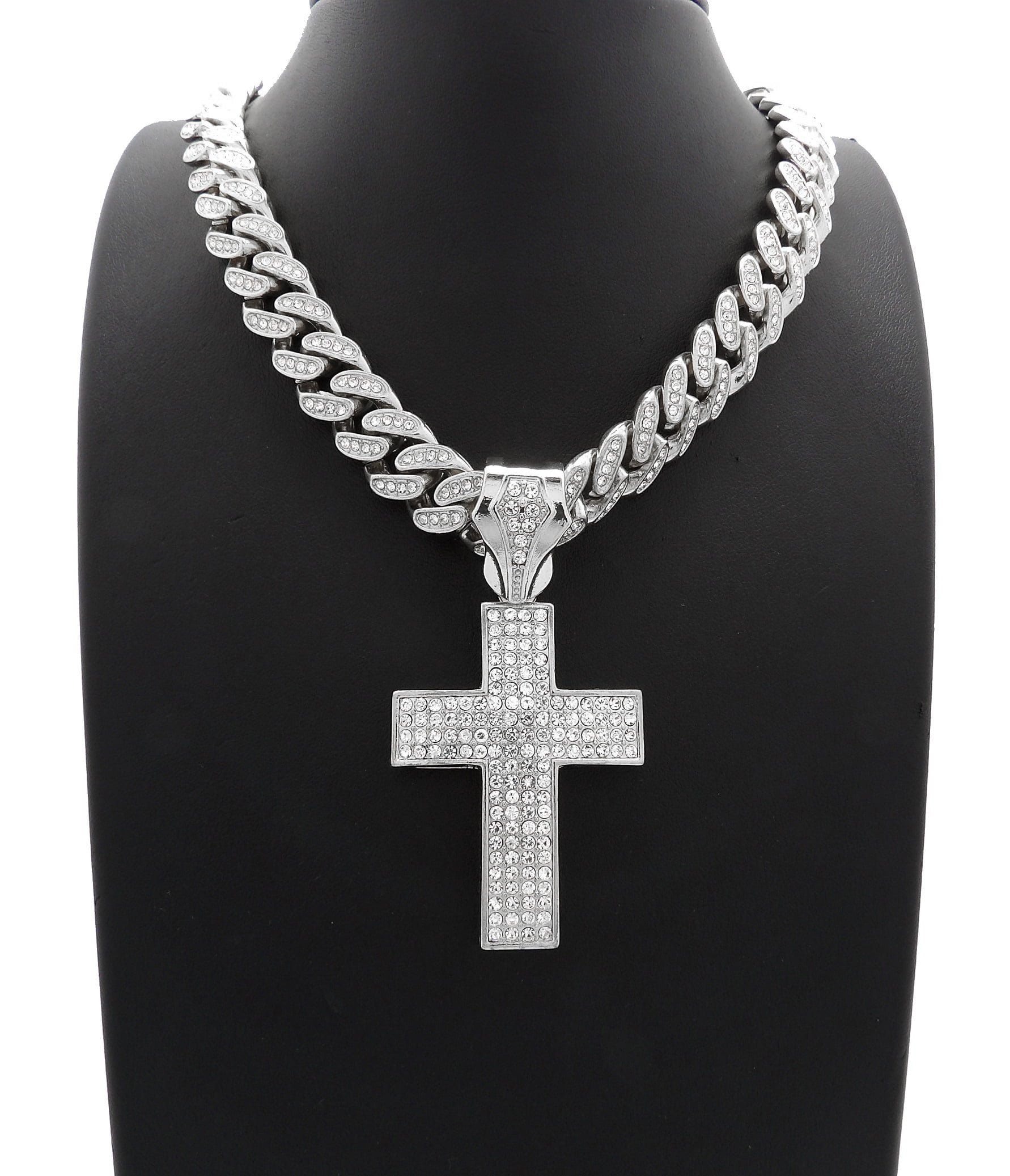 Gold Hip Hop Necklace Solid 925 Sterling Silver 1" Iced Diamond Cross Pendant 