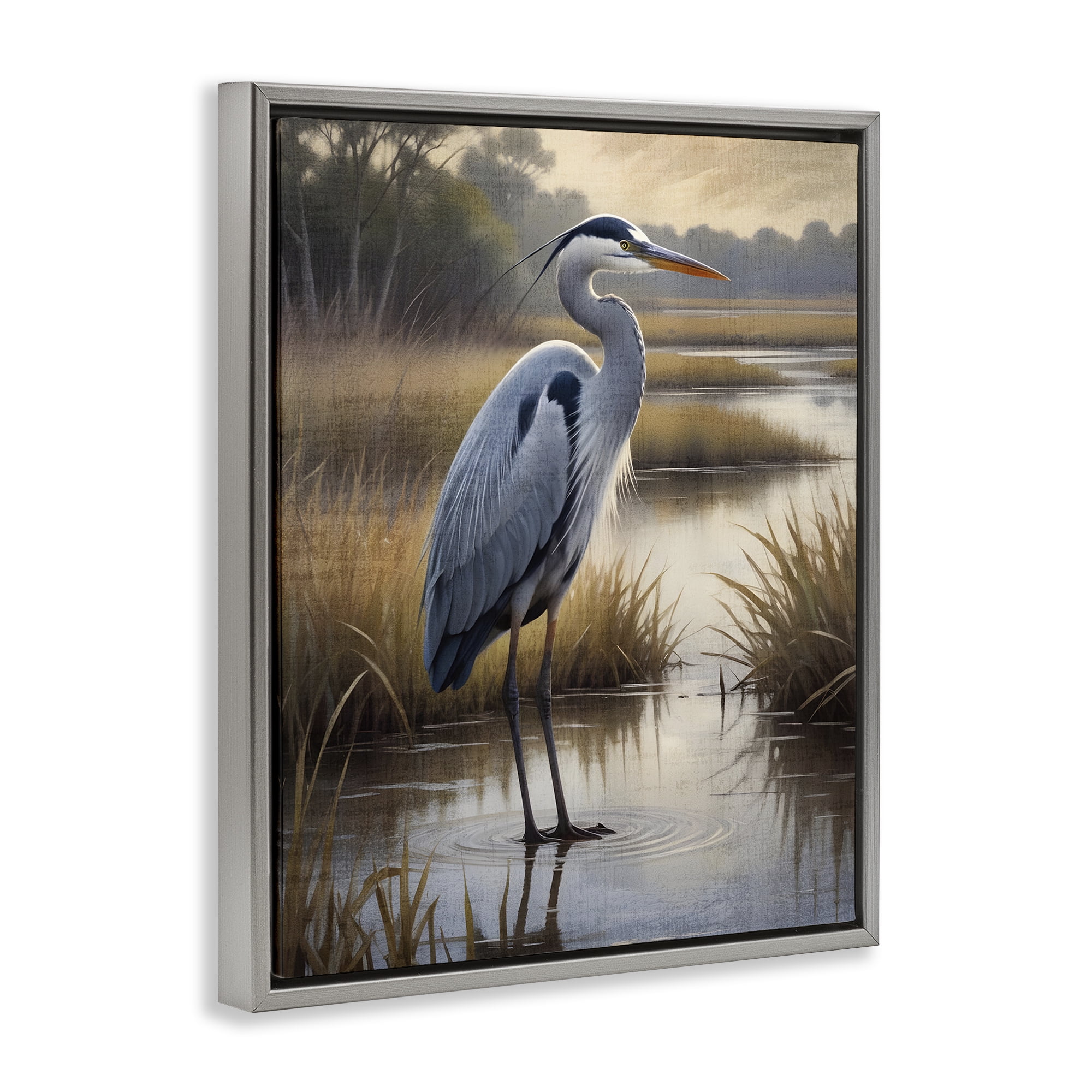 Stupell Industries Heron in Serene Marshlands Gray Framed Floater Canvas Wall Art, design by Susan Arnot