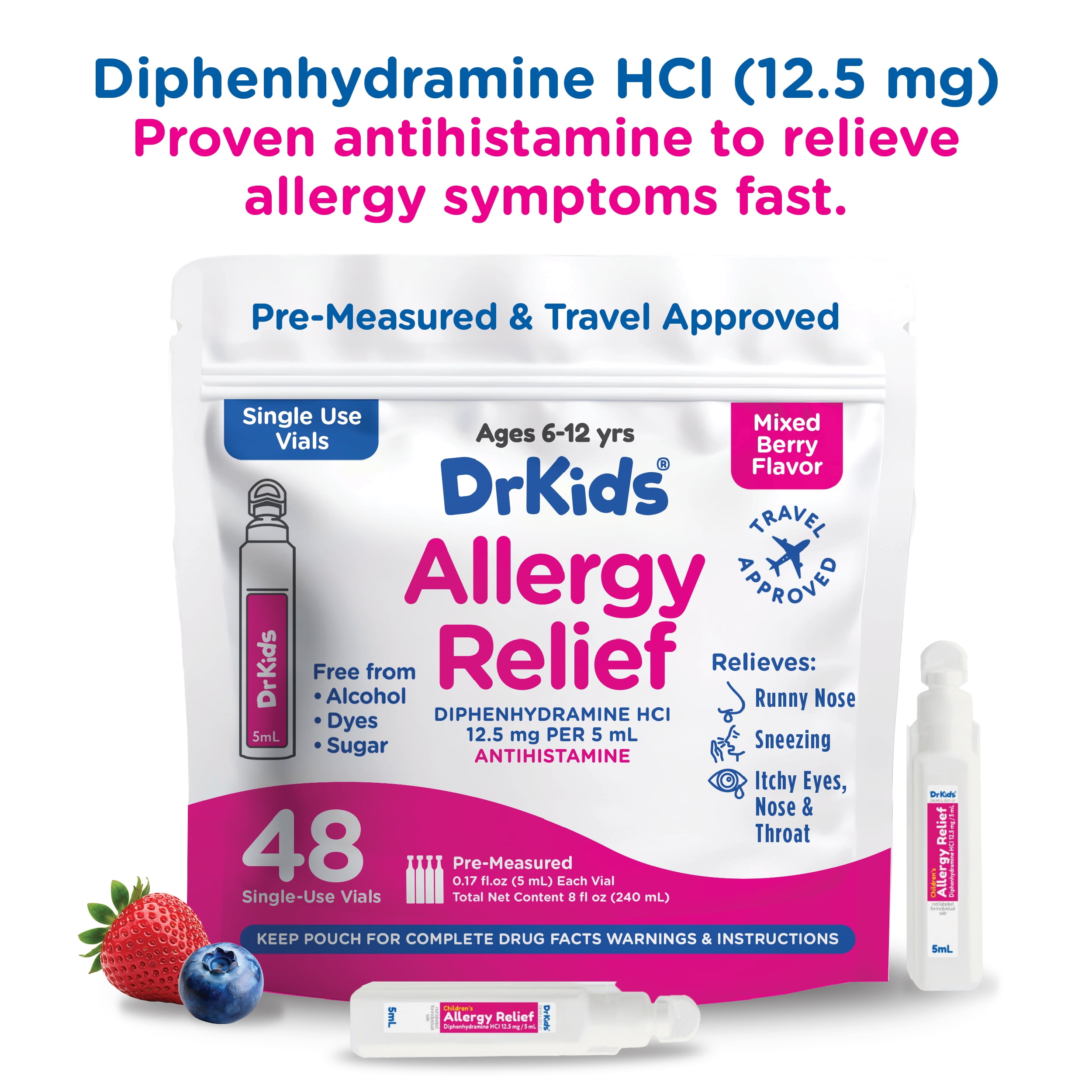 DrKids Children's Allergy Relief Medicine with Diphenhydramine - Pre-Measured Single-Use Vials - Antihistamine for Sneezing, Runny Nose & Itchy Eyes, Mixed Berry Flavor, 48 Vials