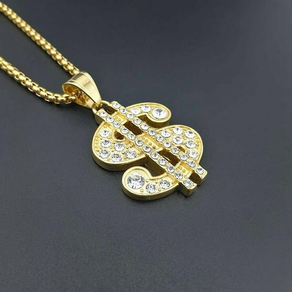 US Dollar Money Necklace Pendant 14K Yellow Gold Necklace For Women/Men Iced Out Bling Rhinestones Hip Hop Jewelry