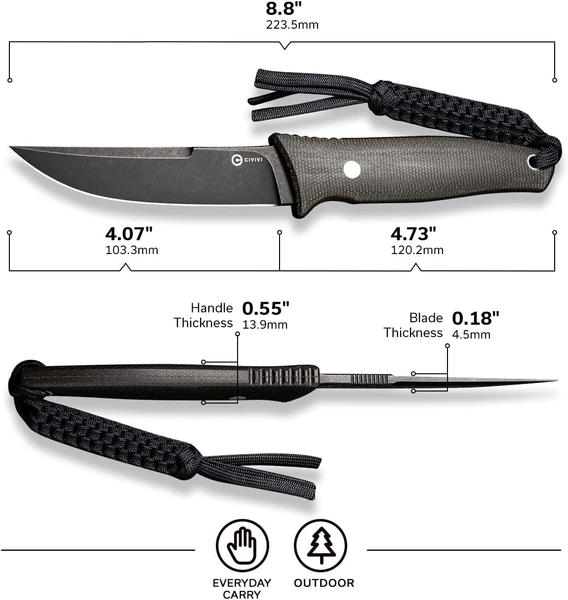 CIVIVI 4.07 in Drop-Point D2 Blade Tactical Knives, with Black Lanyard C19046-4
