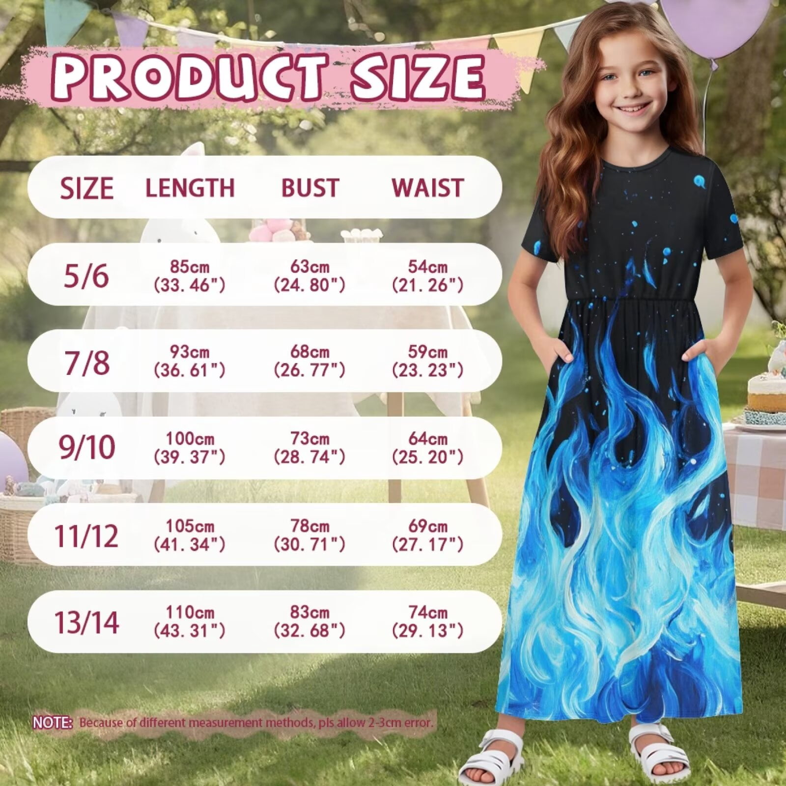Uourmeti Girl's Maxi Dress Blue Fire Print Short Sleeve Long Dresses Crew Neck Elegant Casual Sundress with Pockets, Size 5-6 Years