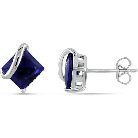 2-2/3 Carat T.G.W. Created Blue Sapphire 10kt White Gold Swirl Earrings