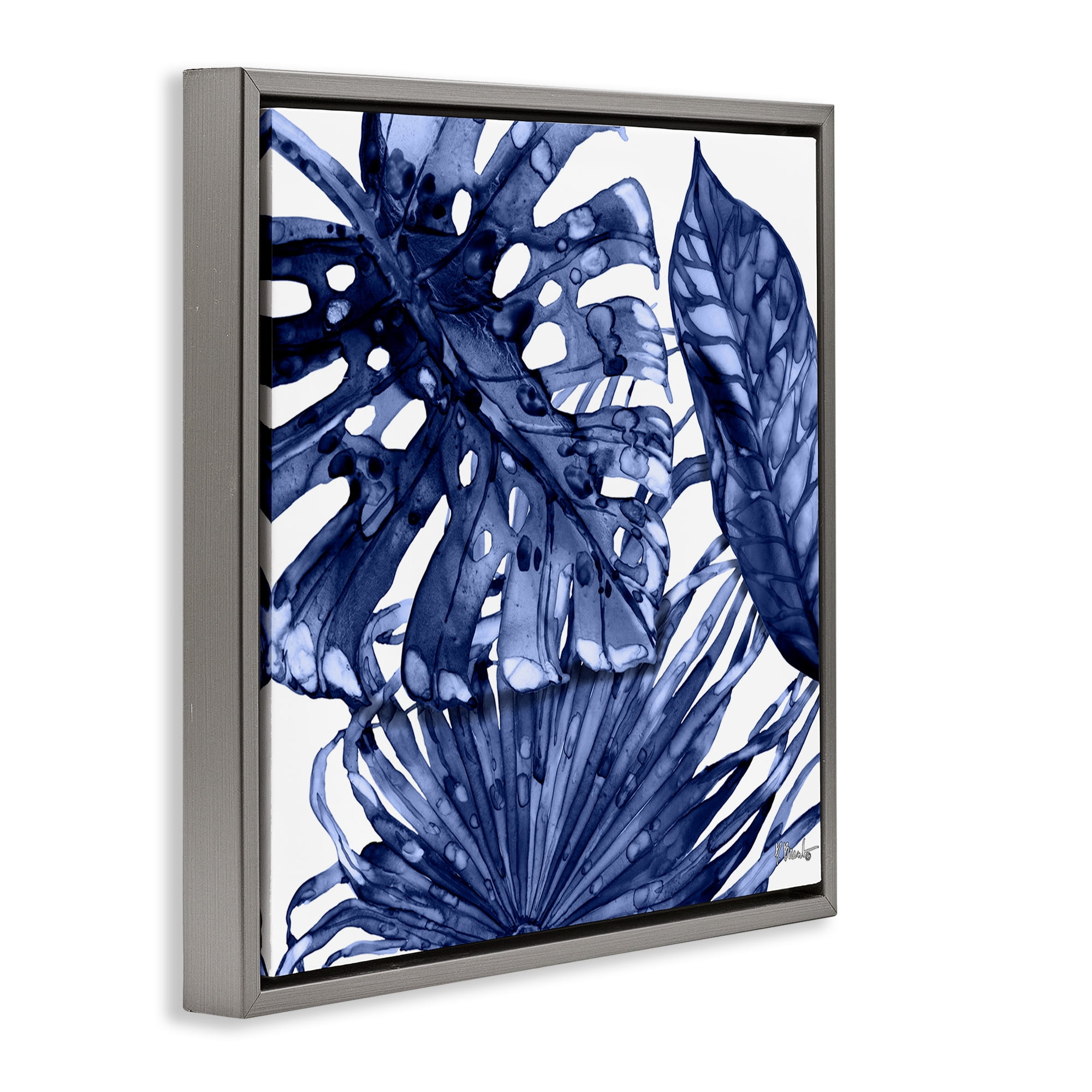 Stupell Industries Blue Hued Palms Botanical & Floral Painting Gray Floater Framed Canvas Art Print Wall Art, 25 x 25