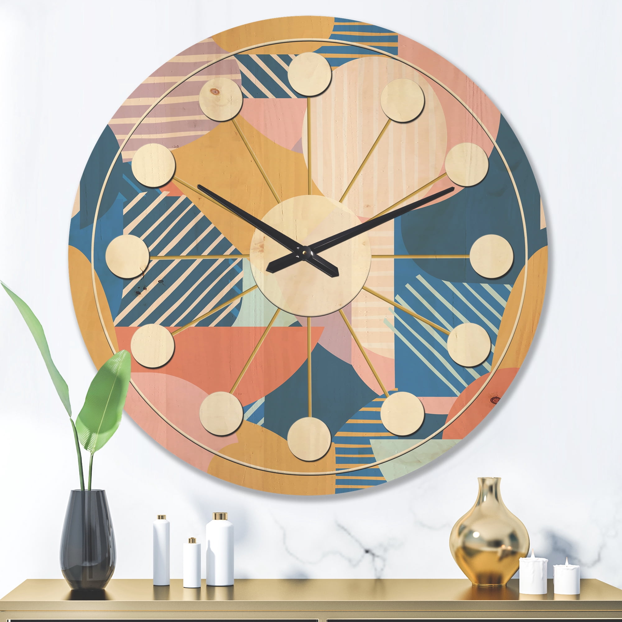 Designart 'Geometrical Modern Shapes Pattern' Mid-Century Modern Wood Wall Clock