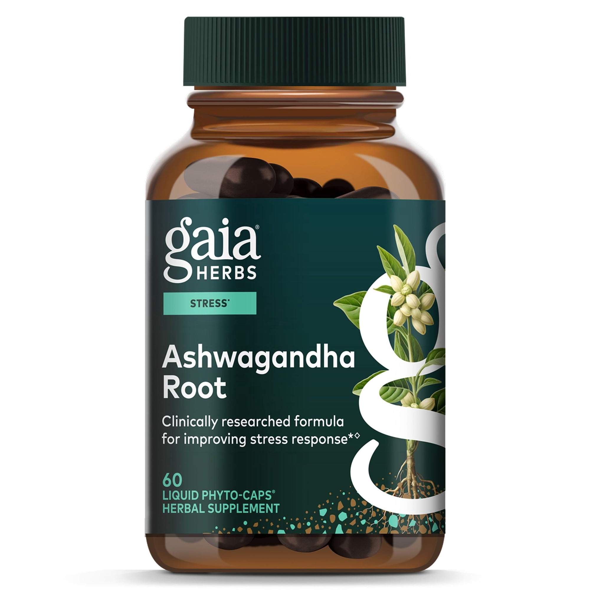 Gaia Herbs Ashwagandha Root 350 mg - Stress Relief & Sleep Support Supplement - Supports Positive Outlook*- Supports Healthy Cortisol Balance* - 60 Vegan Liquid Phyto-Caps (30 Servings)
