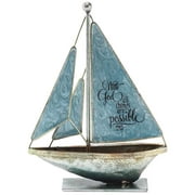 With God All Things Possible Green 6 x 5 Metal Table Top Sailboat Figurine Decoration