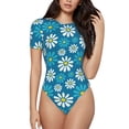 thumbnail image 2 of Uemuo Daisies Flowers Pattern Women's One Piece Short Sleeve Swimsuit Rash Guard Surfing Modest Quick-drying Swimsuit Beach Essentials-Small, 2 of 9