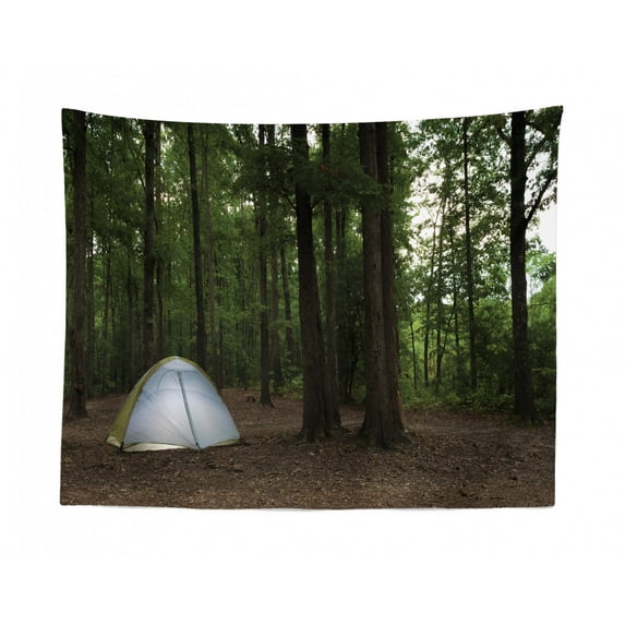 Dark Forest Tapestry, Photo Taken on a Footpath into The Woods Tall Leafy Trees Adventurous Theme, Fabric Wall Hanging Decor for Bedroom Living Room Dorm, 2 Sizes, Multicolor, by Ambesonne