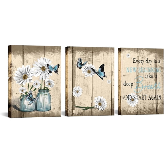 Daisy Wall Art Decor Butterfly Canvas Prints Inspiring Quote Pictures Painting for Country Bathroom Kitchen Framed Beige