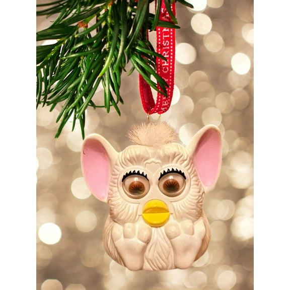 Ornament Furby White Body & Hair Brown Eyes Pink Ears 4” Yellow Beak