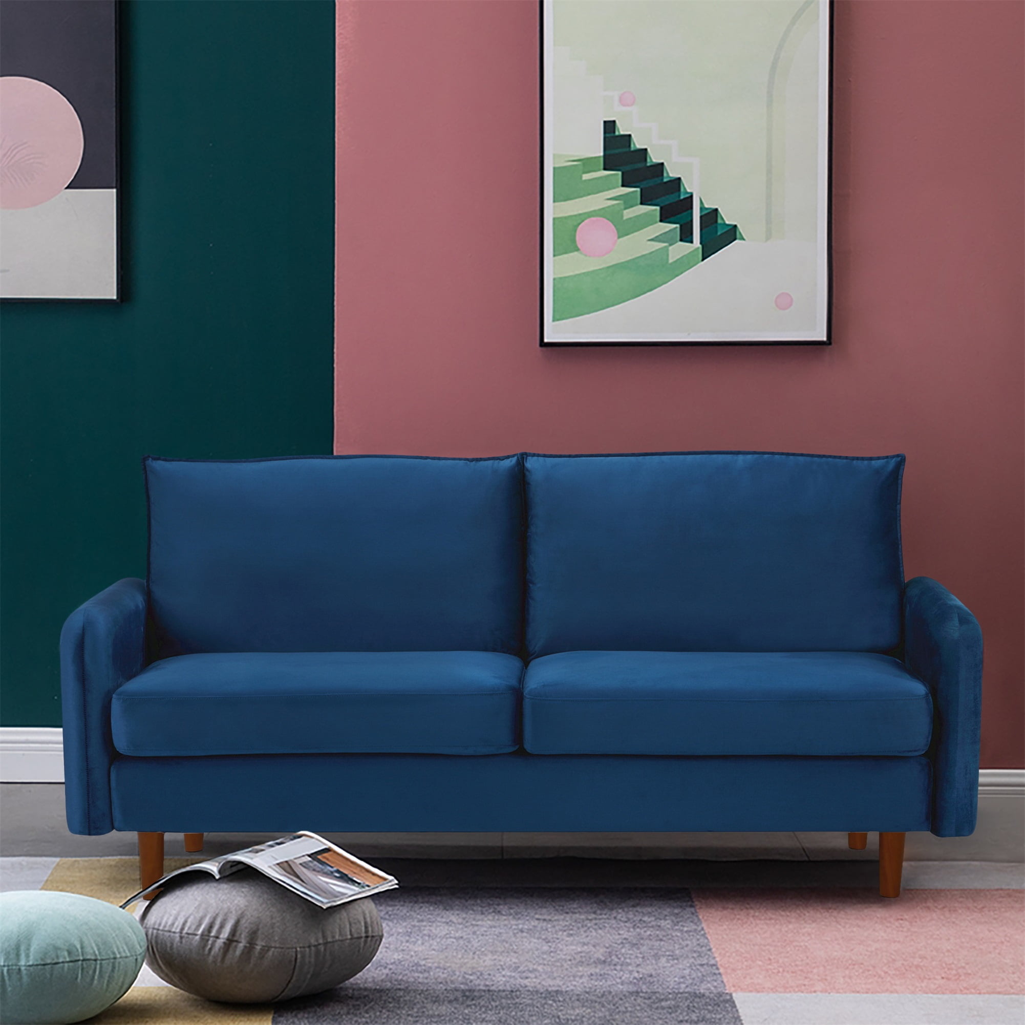 Private Jungle Mid Century Modern Velvet Loveseat Sofa with Wood Legs for Small Spaces (Blue) Private Jungle Mid Century Modern Velvet Loveseat Sofa with Wood Legs for Small Spaces (Blue)