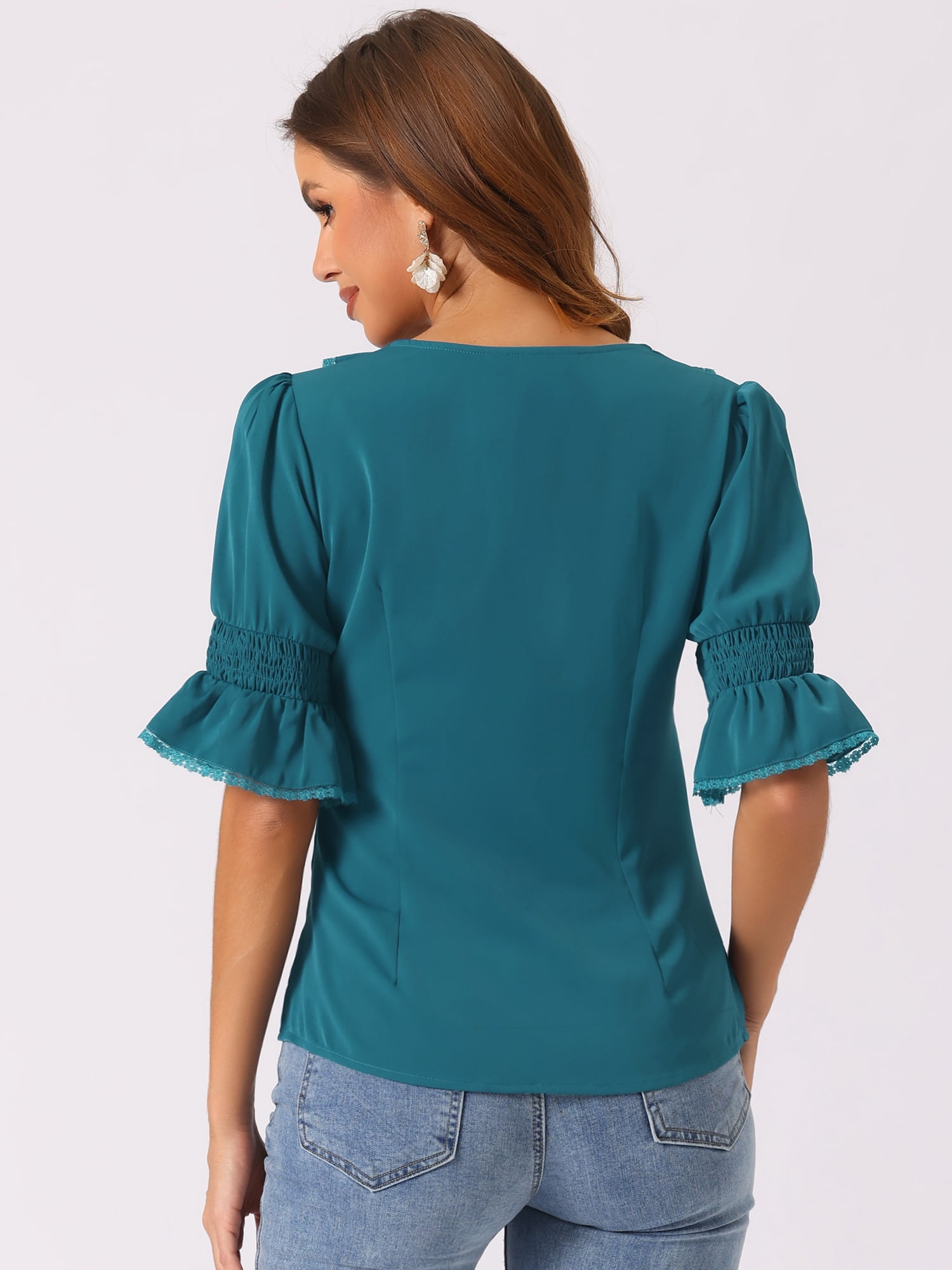 DARING DIVA Women's Ruffle V Neck Half Bell Sleeve Chiffon Top S Peacock Blue