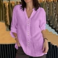 thumbnail image 2 of UYISJ Women's Cotton Linen Tops V Neck Rolled Long Sleeve Button T Shirts Solid Color Dressy Casual Loose Work Business Blouses Pink S, 2 of 6