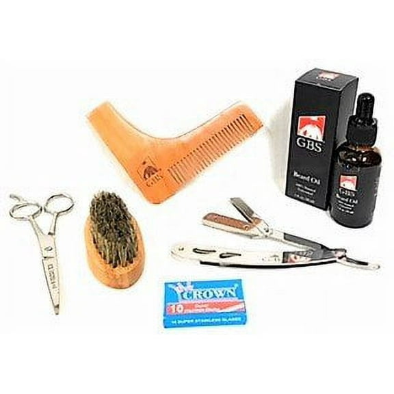 G.B.S Beard Styling Kit- For Men’s Professional Scissors, Boar Bristle Beard Brush, Unscented Beard Oil, Barber Shavette Folding Razor   DE Razor Blades, Beard Styling Template Stencil Comb