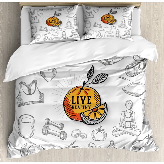 Fitness Duvet Cover Set, Orange Slice and Whole Fruit with Gym Items Exercise Fruits Veggies, Decorative 3 Piece Bedding Set with 2 Pillow Shams, King Size, Orange White and Black, by Ambesonne