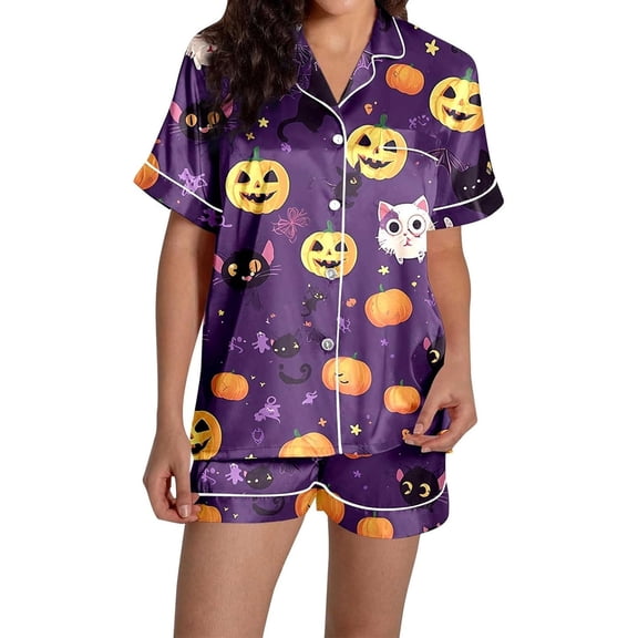 Halloween Pajamas Halloween Pumpkin Print Plus Size Button Nightwear Pajamas for Women Set