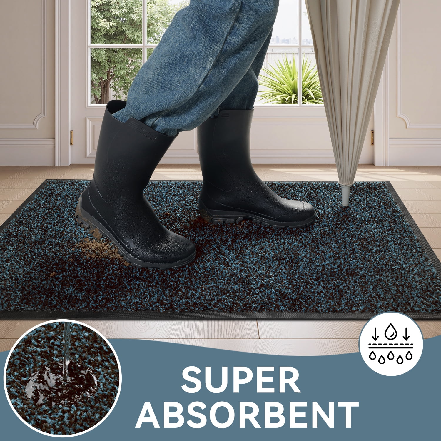 VUNATE 17" x 30" Dirt Trapper Indoor Door mat Non Slip Front Door Mats Absorbent Rubber Entrance Rug Durable Heavy Duty Outdoor Mats Washable Welcome Mats for Outside Blue