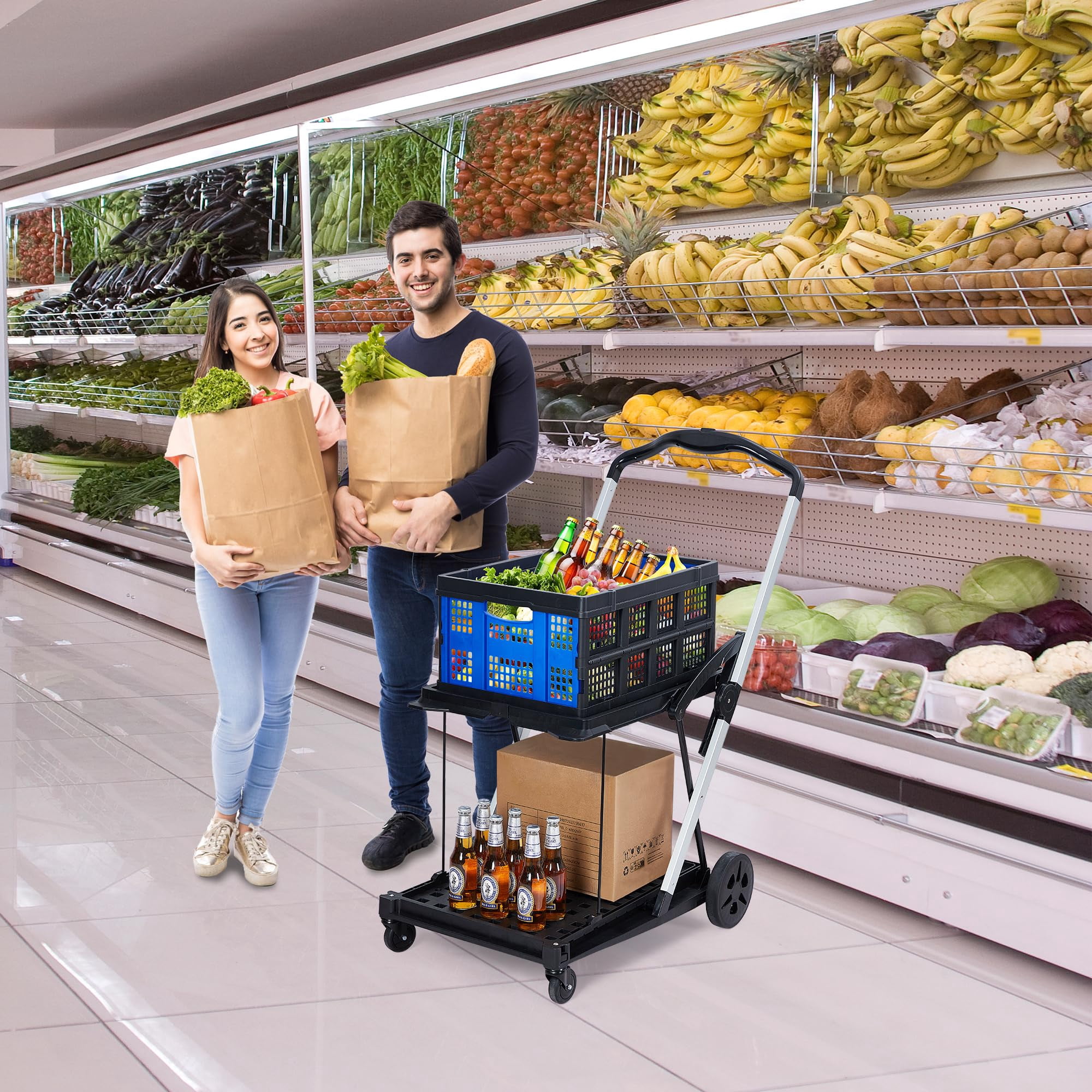 Folding Shopping Cart with Removable Storage Crate or 2 In 1 Folding Hand Truck Dolly with Removable Storage Crate or only 1 Portable Storage Basket for Home, Groceries, Supermarket