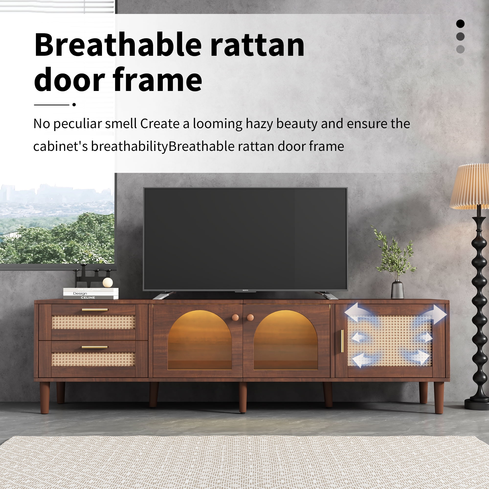 Harper & Bright Designs Rattan TV Stand with LED Light for 80 inch TV, Wood TV Storage Cabinet with Glass Doors and 2 Drawer, Media Console with Solid Wood Legs for Living Room, Dark Brown