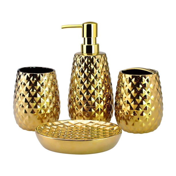 4 piezas de accesorios de baño, soporte para cepillo de dientes, jabonera de baño, jabonera de cerámica, taza para cepillo de dientes para decoración Dorado mayimx Cosas de baño