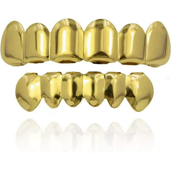 18K Gold Plated Hip Hop Removeable Mouth Grillz Set Removeable Fake Teeth Set Top and Bottom Dentur Teeth Flat Fake Teeth Set