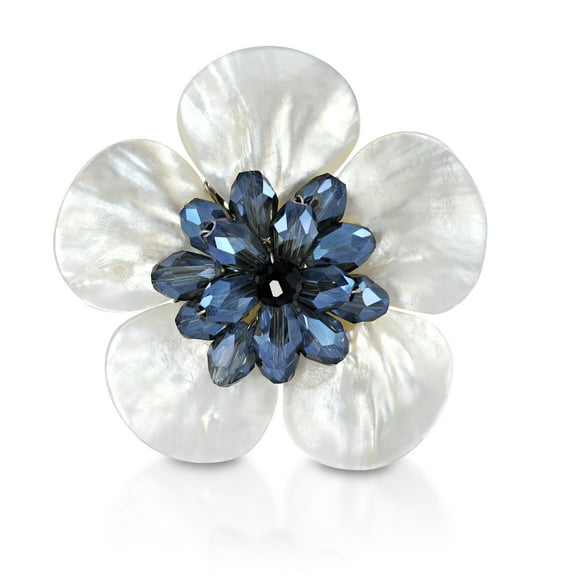 Vintage Elegance Mother of Pearl Shell and Blue Crystal Bead Flower Brooch Pin