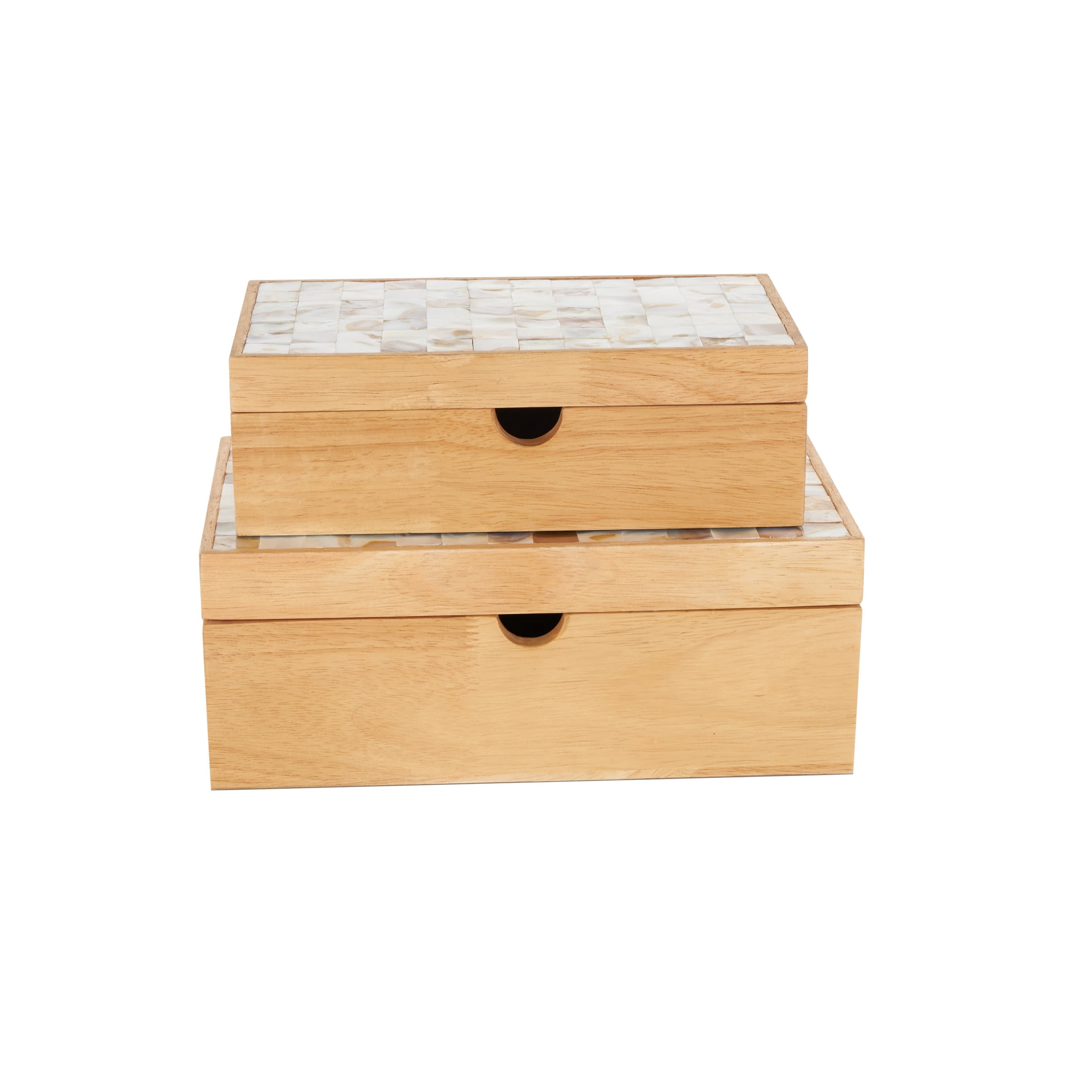 DecMode Handmade Storage Light Brown Wood Decorative Box with Seashell Tops, 2 Count
