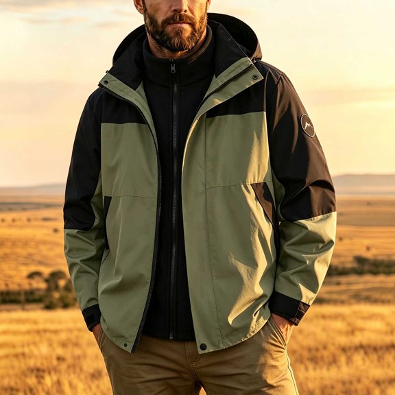 LYSMORA Men's Color Block Hooded Rain Jacket Full Zip Adjustable Cuff Outdoor Wind Coat for Hiking and Camping