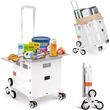 Foldable Utility Cart Collapsible Portable Crate Rolling Carts with Stair Climbing Wheels Tote Basket with Magnetic Lid Telescopic Cover Wear-Resistant 360°Rotate Wheel Noiseless for Shopping Office