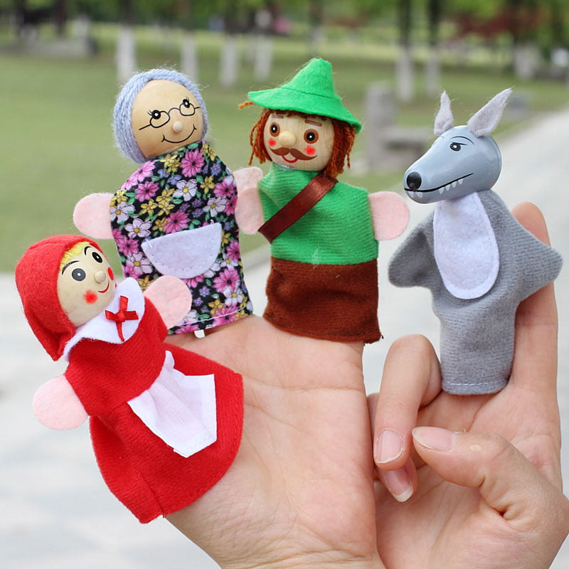 4pcs Little Red Finger Puppets Wooden Headed Riding Hood for Fairy Tale Story 