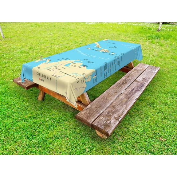 Wanderlust Outdoor Tablecloth, Caribbean Political Map Capitals National Borders Important Cities Rivers Lakes, Decorative Washable Fabric Picnic Tablecloth, 58 X 120 Inches, Blue Ivory, by Ambesonne
