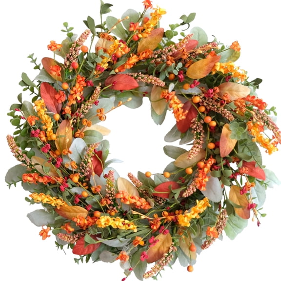 Idyllic 22" Fall Floral Wreath for Front Door Red Orange Yellow Spikes & Bunny Ear Leaves