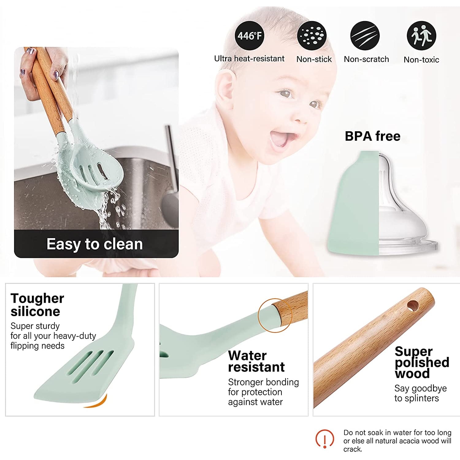  Silicone Cooking Utensils Set - 446°F Heat Resistant Silicone  Kitchen Utensils for Cooking,Kitchen Utensil Spatula Set w Wooden Handles  and Holder, BPA FREE Gadgets for Non-Stick Cookware (Khaki) : Home 