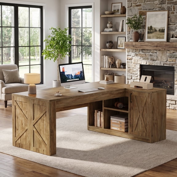 Fnova 71" L-Shaped Executive Desk with Storage Cabinet, Modern Office Desk Writing Desk, Computer Desk for Home Office