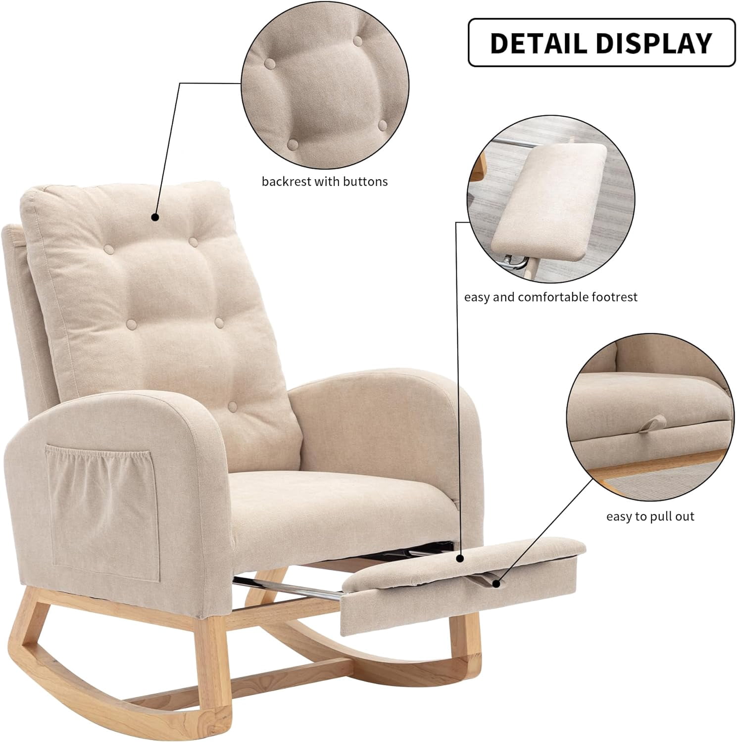 Rocking Chair with Retractable Foot Rest Glider Rocker Accent Chair Padded Seat with High Backrest Armchair Comfy Side Chair for Living Room Bedroom Offices (Beige)
