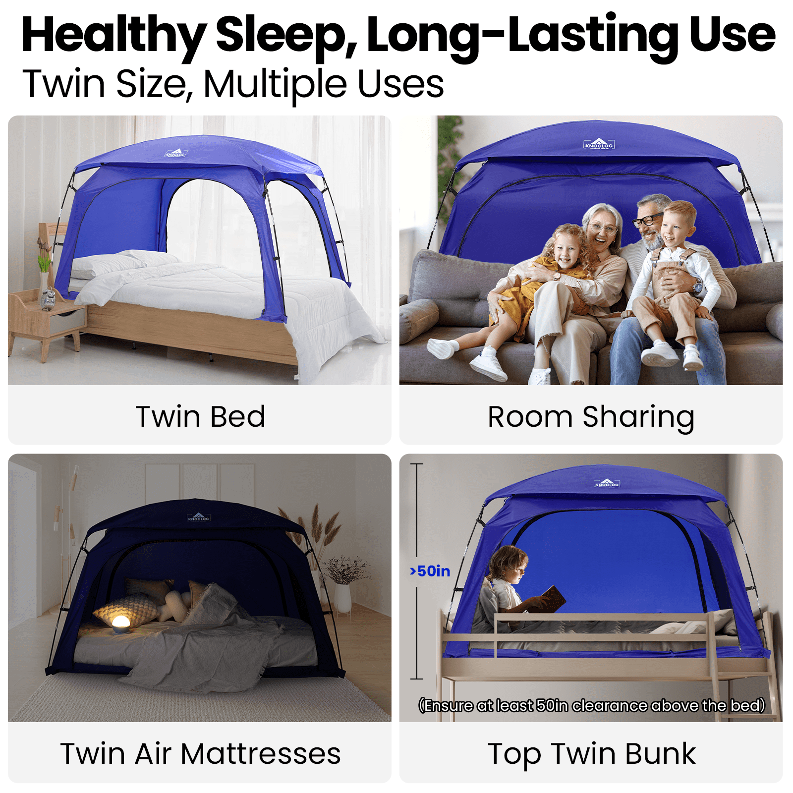 KNOCLOC Twin Bed Tent for Kids Sleeping & Privacy, with Built-in Fan Pocket for Improved Airflow, 70% Light Blocking Sensory Bed Tent for Boys Sleep Independence​, Sleepover,  Roomsharing (Blue)