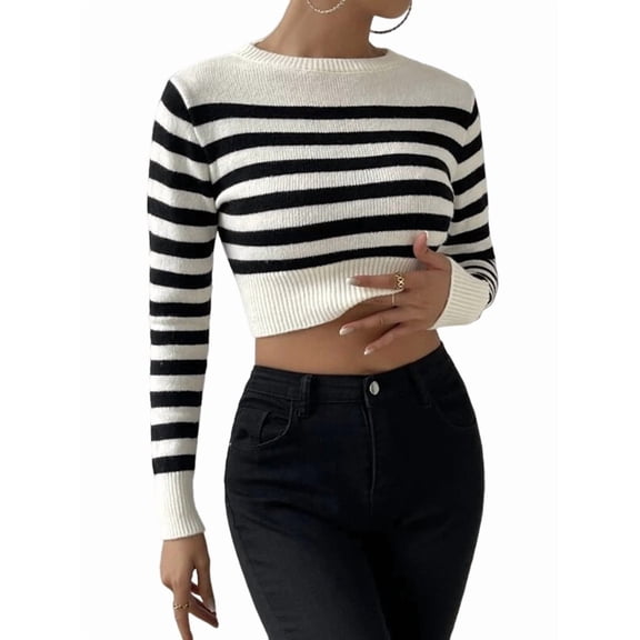 Women'S Striped Long Sleeve Crop Top Ribbed Knit Crewneck Fitted Casual Tee Tops White S