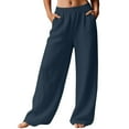 thumbnail image 5 of APEXFWDT Women's Cotton Linen Wide-Leg Pants Casual Loose Pleated Front Trousers Elastic Waist Palazzo Trousers with Pockets,S,Dark Blue, 5 of 8