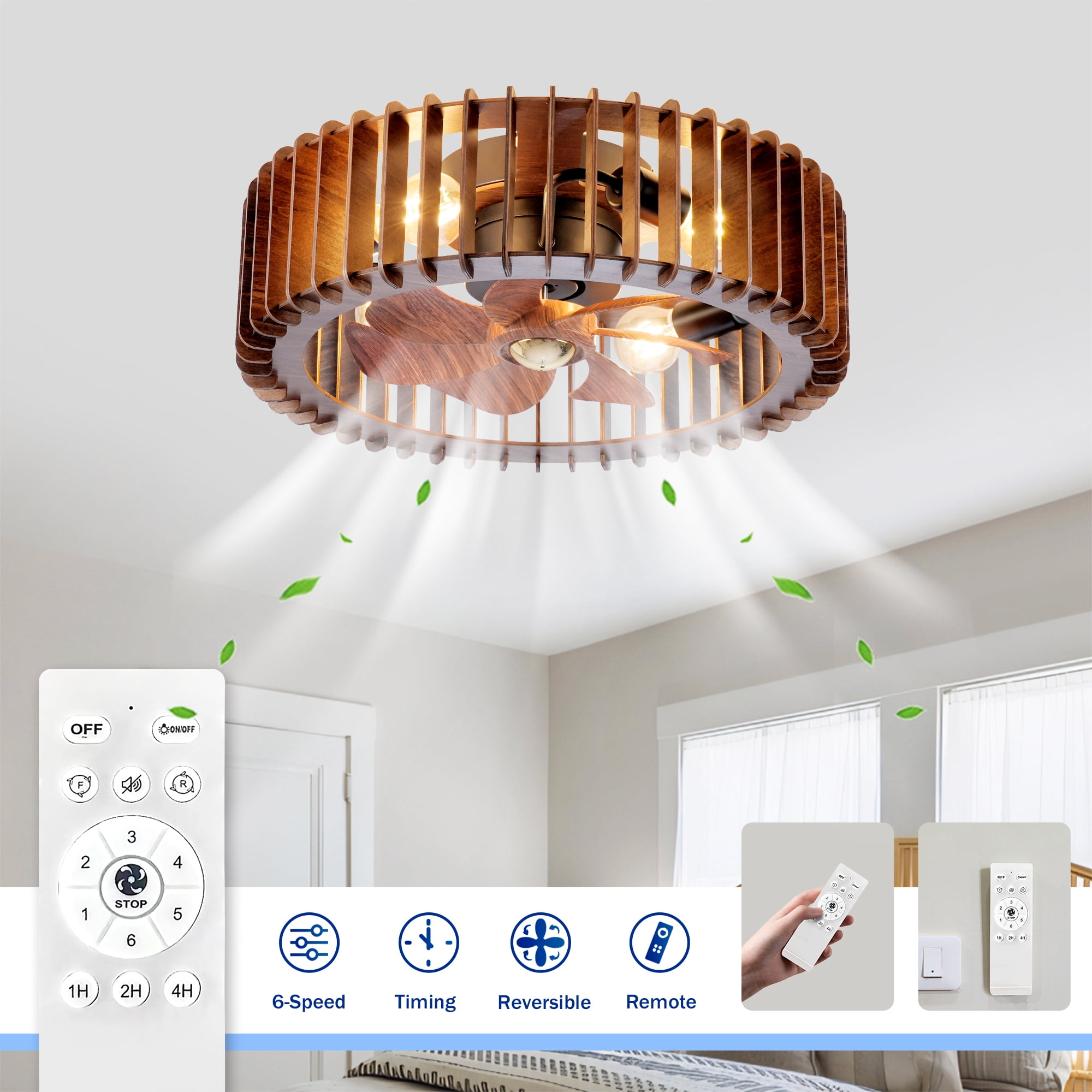 20" Modern Flush Mount Fan Light,Ceiling Fans with Lights and Remote Control, 6 Speeds, Quiet DC Motor For Living Room, Bedroom, Kitchen, Wood (No Included Bulbs)