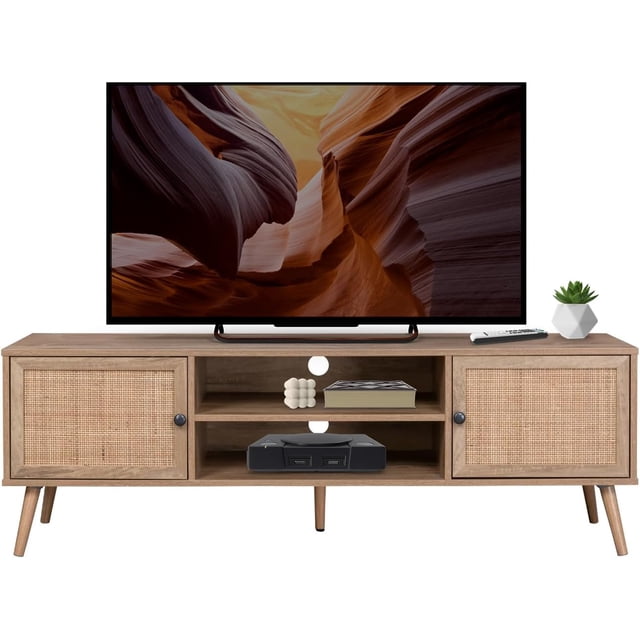TOPLIVING Centro de Entretenimiento para TV Diseño Moderno Ratán Natural, Mueble de TV con Espacios Almacenamiento y Puertas Ratán Vintage Color Beige