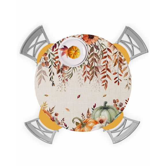 Round Fitted Tablecloths with Elastic Edge Thanksgiving Pumpkin Fall Harvest Waterproof Wipeable Table Cover for Kitchen Dining Party Decor Autumn Foliage Wild Flower Table Clothes,36" - 44"