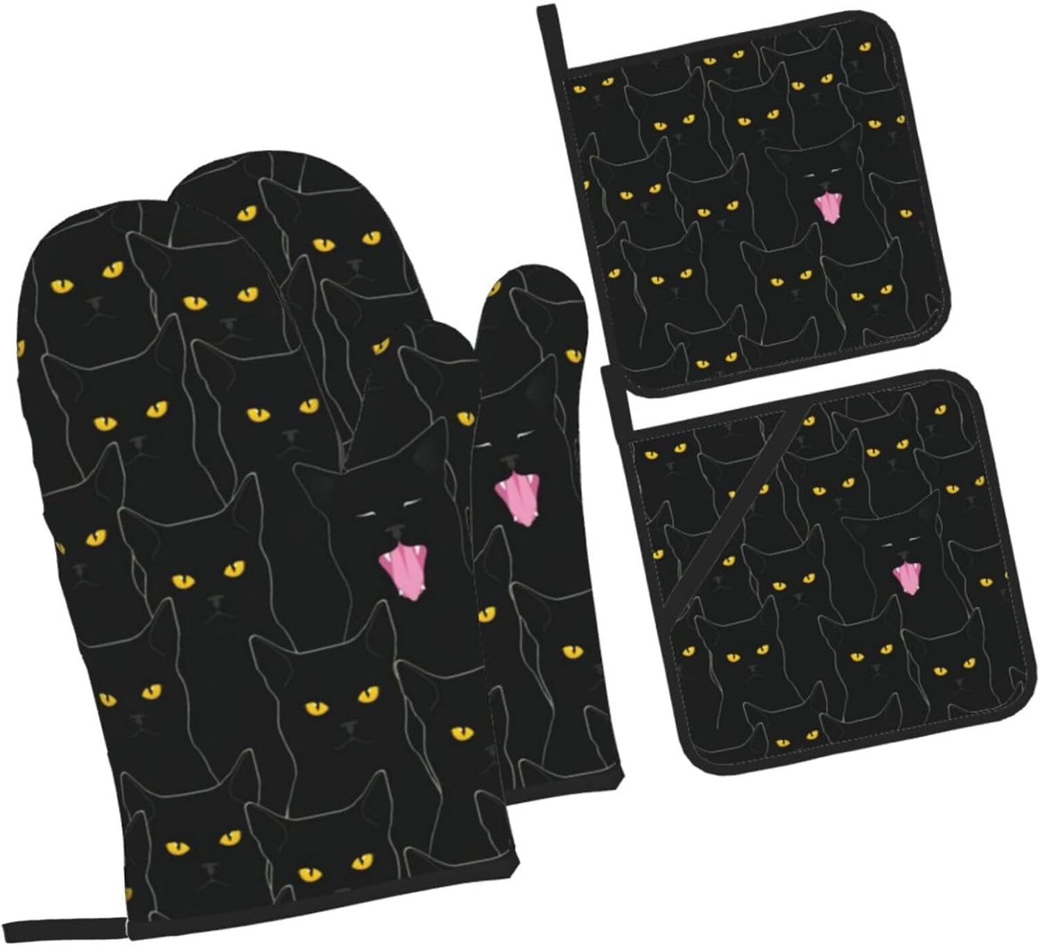 Cute Black Cats Oven Mitts and Pot Holders Sets of 4，Heat Resistant Kitchen Microwave Gloves Non-Slip Pot Pads for Grilling Baking Cooking BBQ